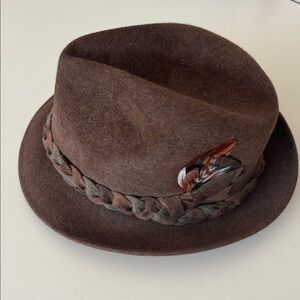 Brown Vintage Knox Fedora Hat with Feather Accent